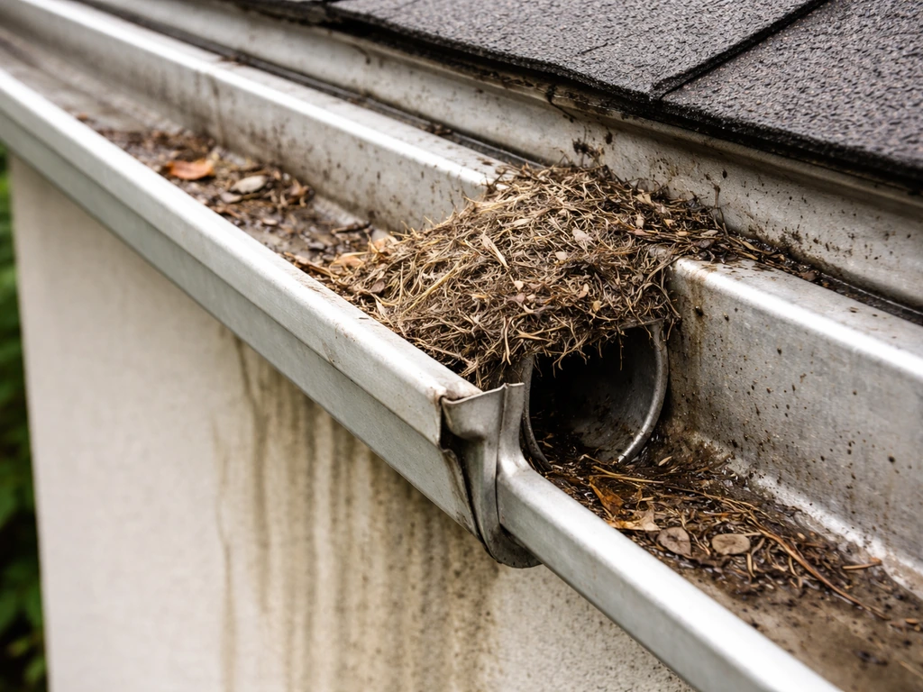 Close-up of a gutter with compacted nest debris blocking flow, showing water overflow staining on the wall.