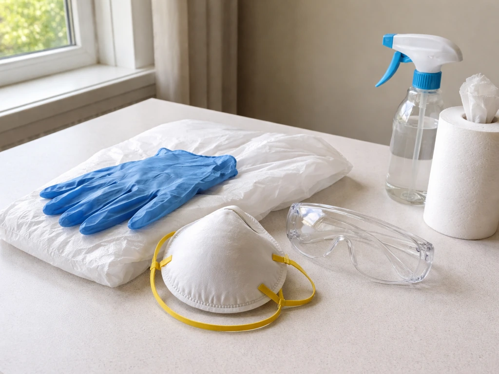N95 respirator, gloves, goggles, and disposable cover laid out next to an unlabeled cleaning kit.